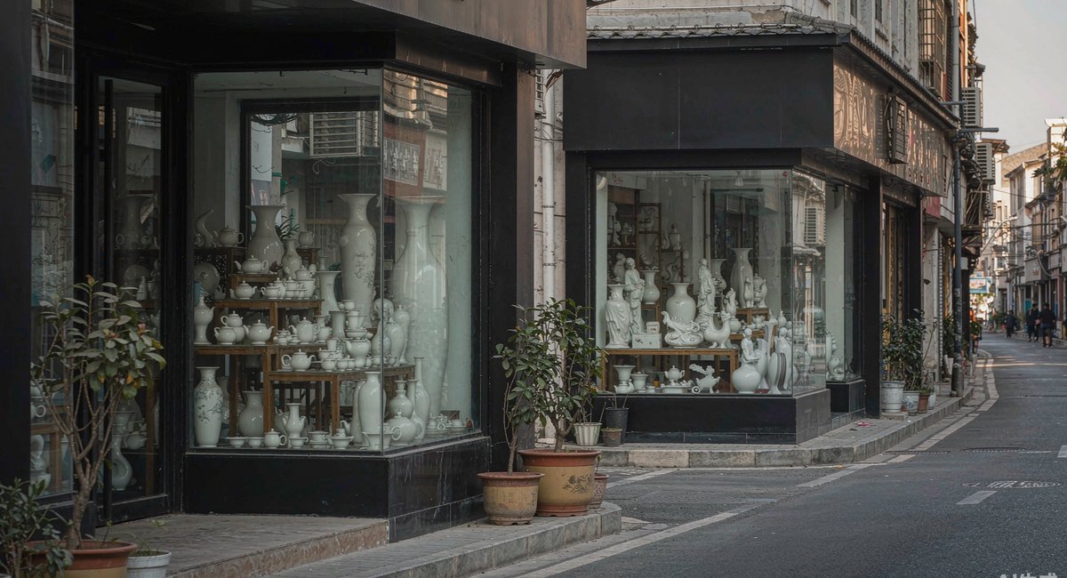 德化瓷都大道,两边的瓷器店面一家挨着一家