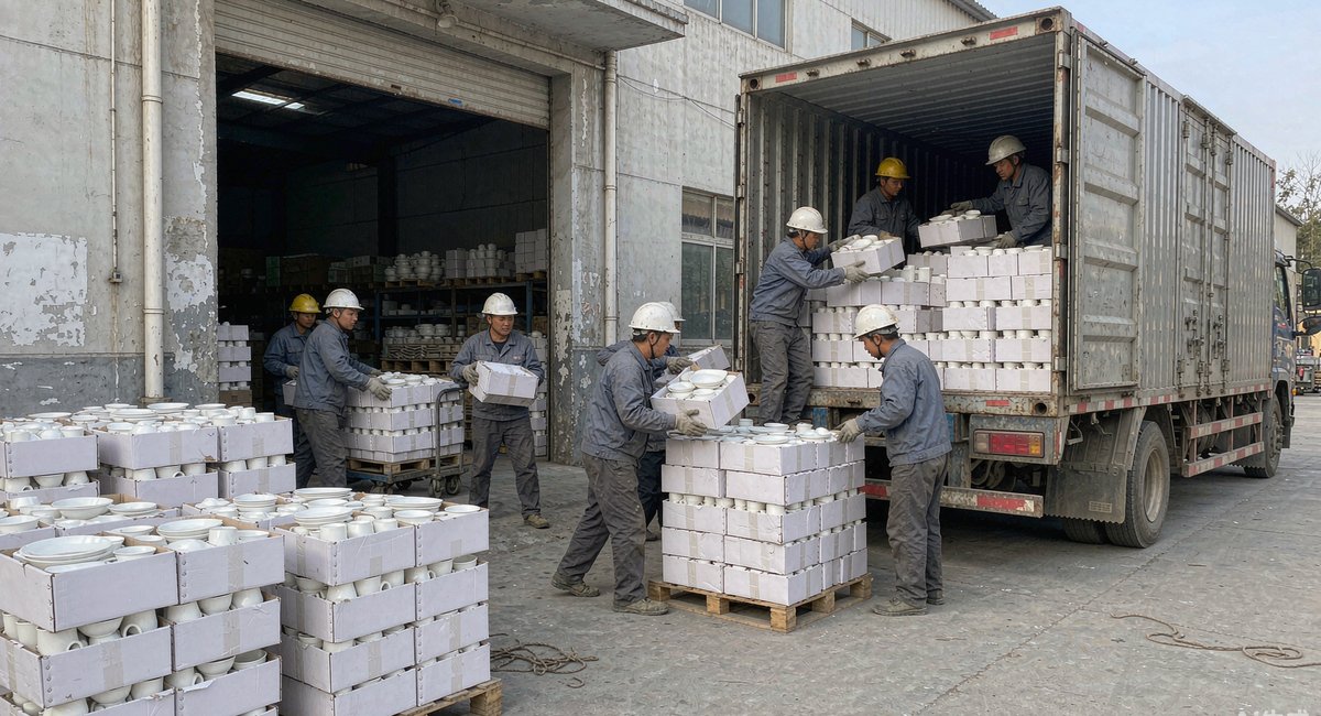 白瓷产品装柜出货,发往海外的订单一窑接一窑