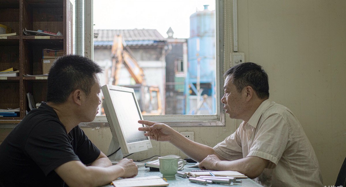 年轻厂长和人在电脑前一条一条补参数，屏幕上是一份还没写完的规格表