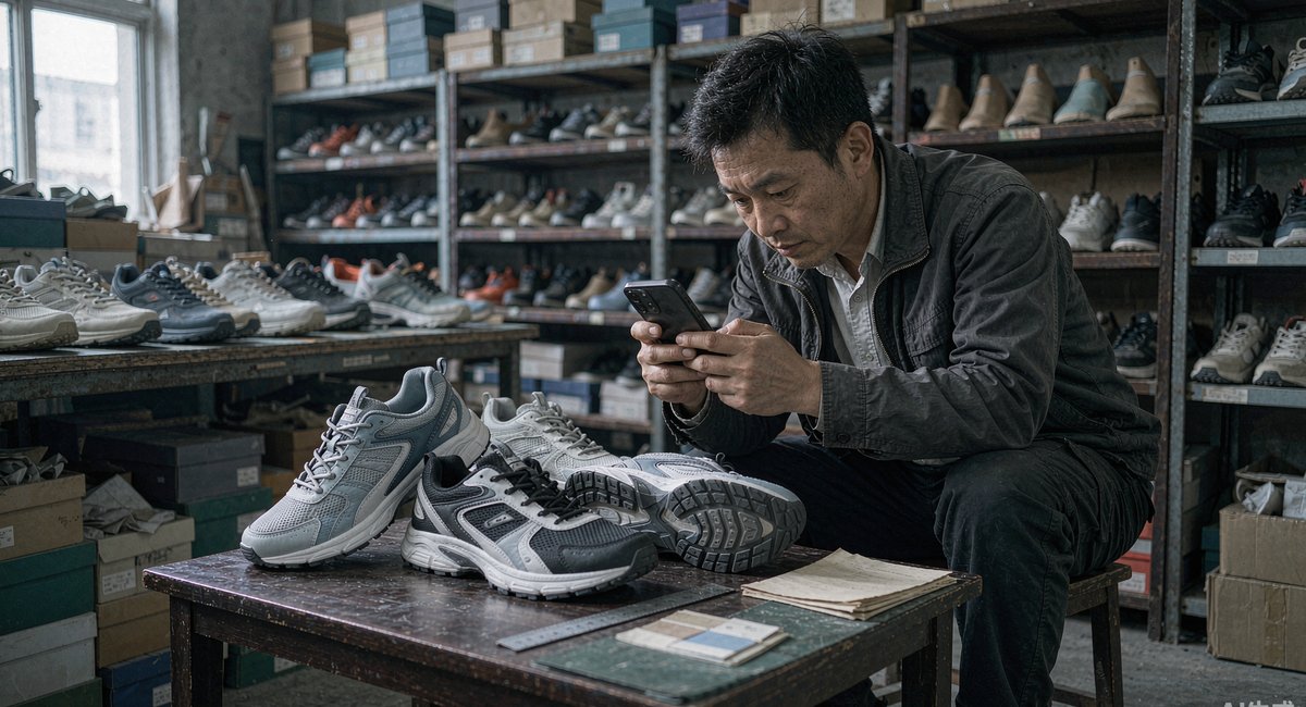 业务员在样品间里给成品鞋拍照,准备上传平台