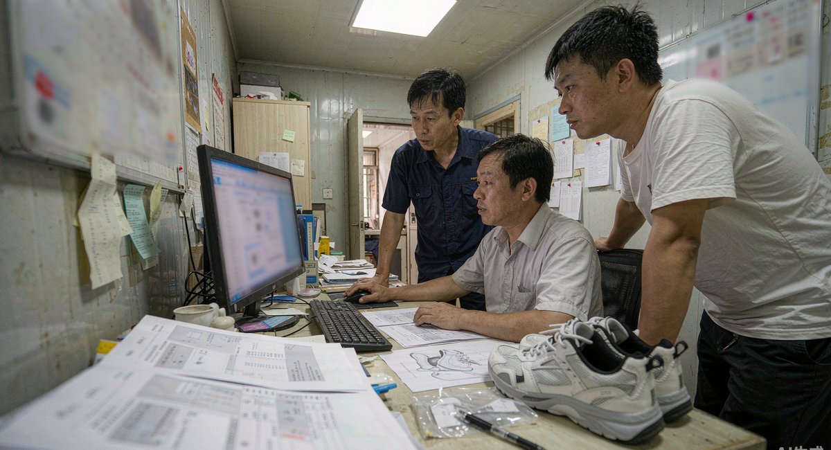 几个人围着一台电脑看后台数据,桌上摊着产品资料