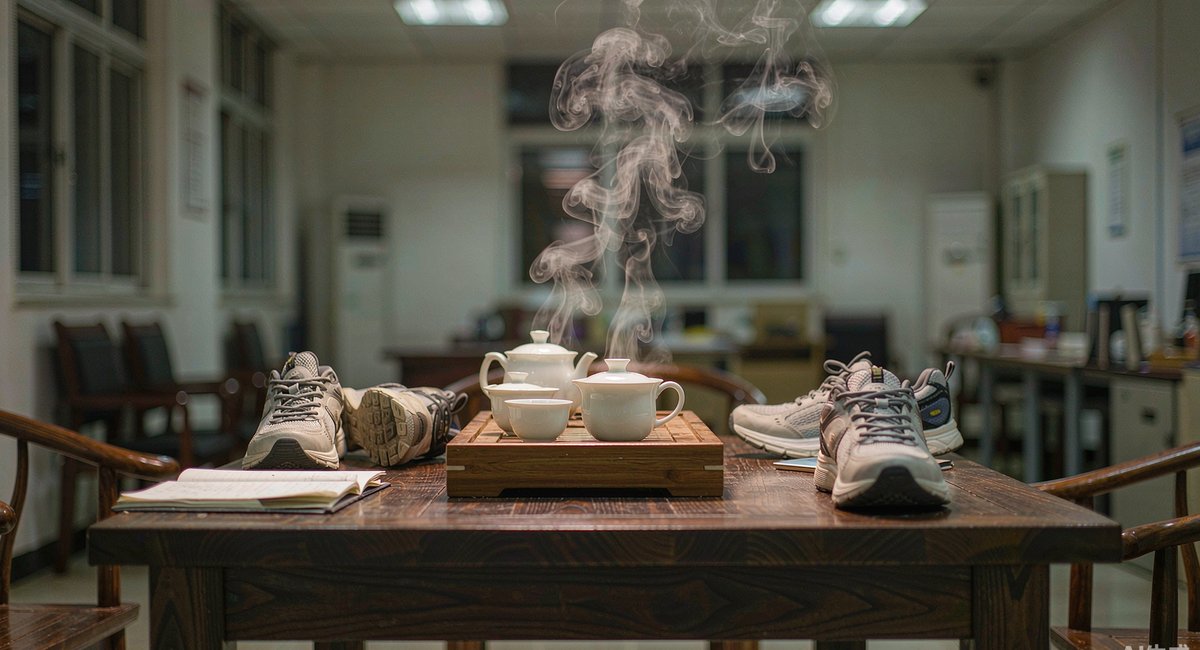 茶桌上一壶茶,旁边放着几双样品鞋和笔记本