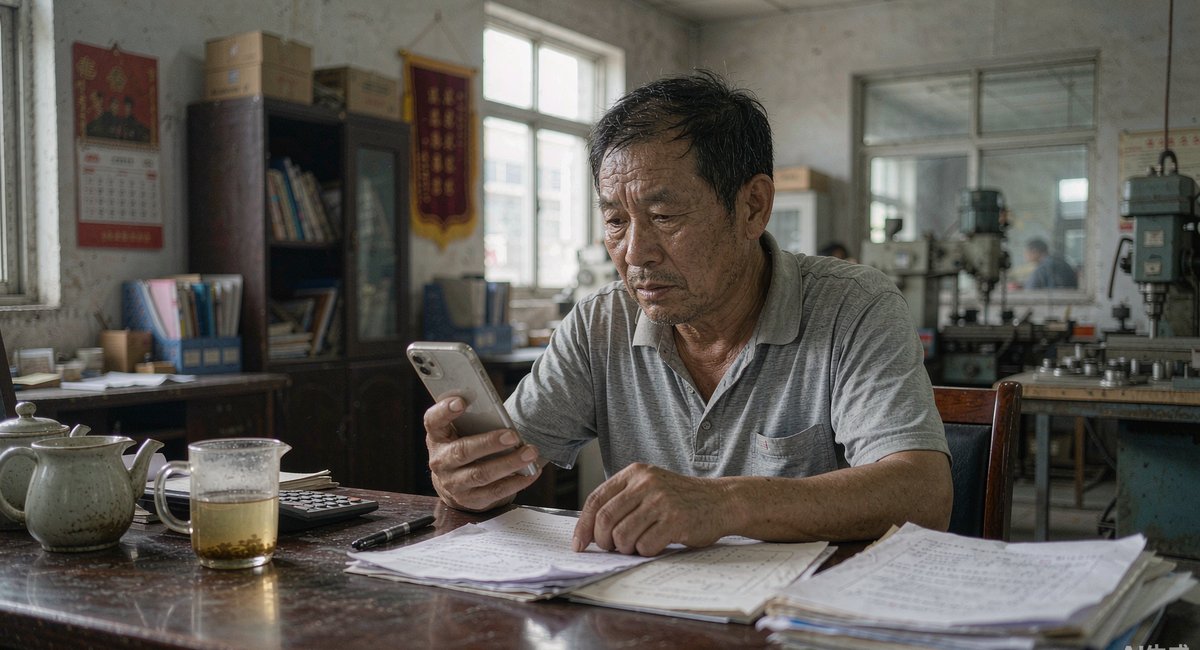 老板在办公室里,把客户转来的AI整理表翻来覆去看