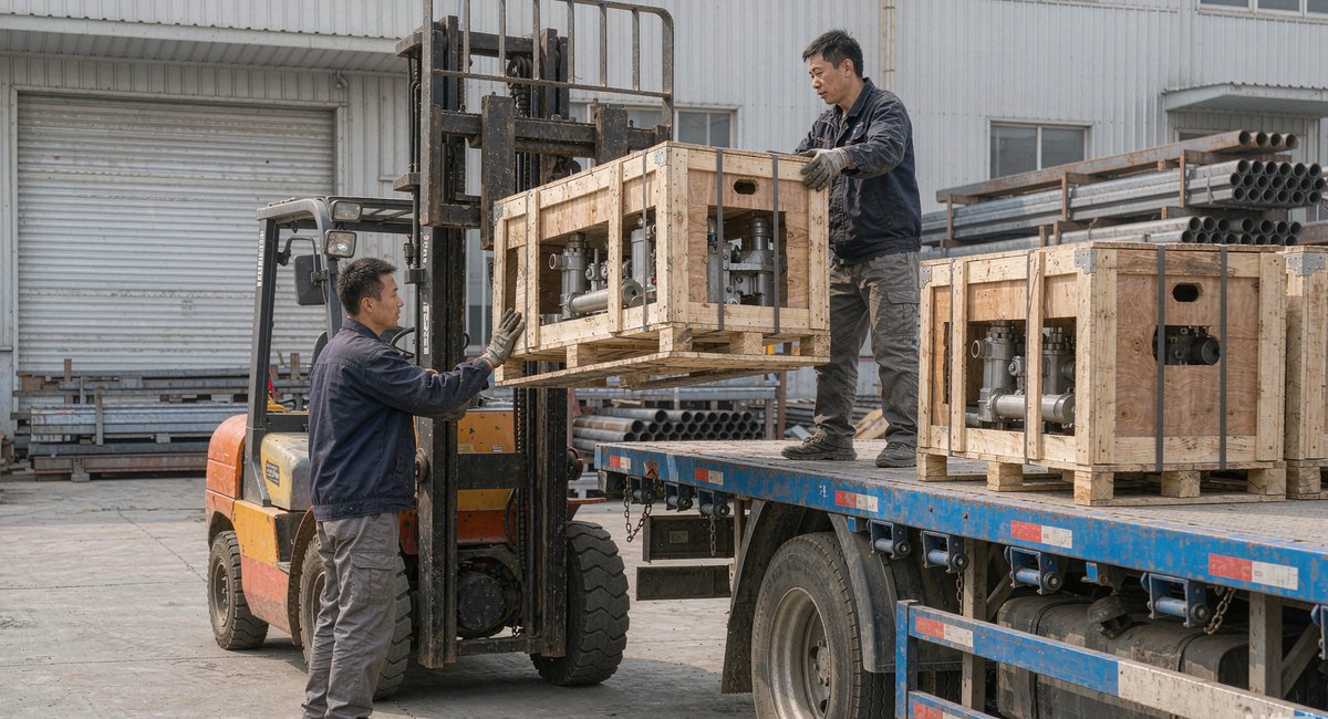 叉车把打包好的属具装上货车，准备发往北方矿区