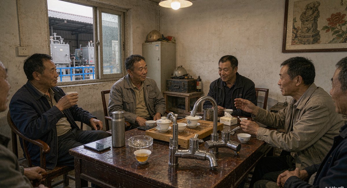 茶桌上摆着茶具和几只水龙头样品,几个人围坐
