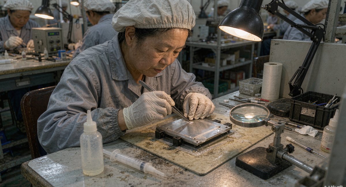 车间里的贴片工位,老师傅在给弹性体上应变片