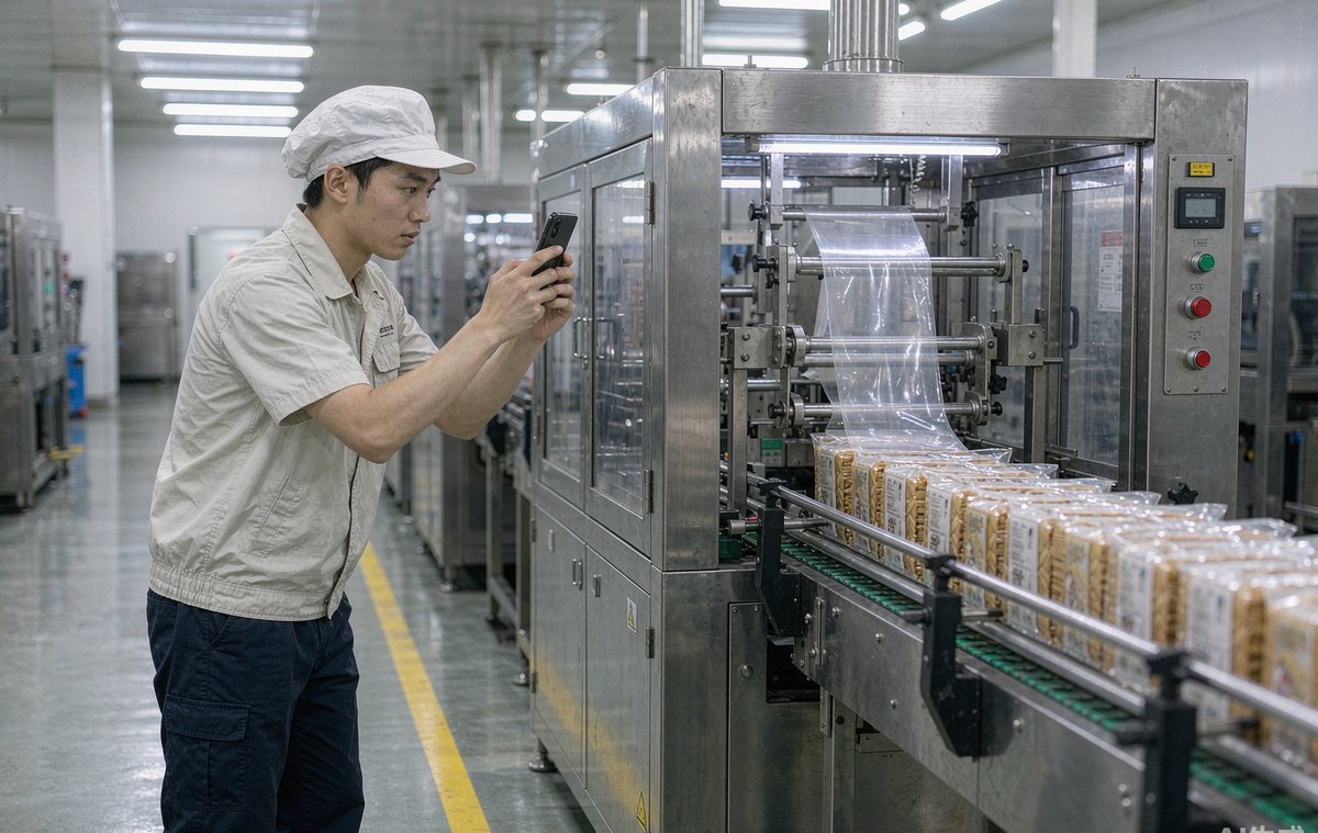 车间里业务员举着手机拍饼干过包装线