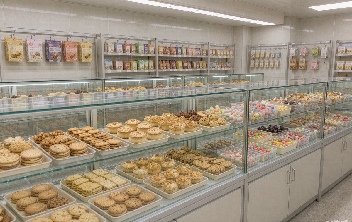 样品间里一排饼干糕点,旁边的屏幕开着企业官网后台