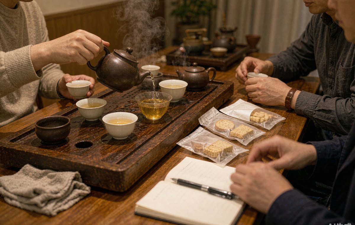 茶桌上摆着茶具和几包样品零食,几个人围坐讨论