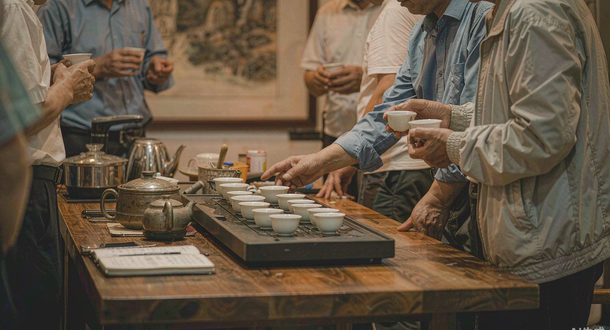 茶桌上几位工厂老板围坐,桌上有茶具和记录本
