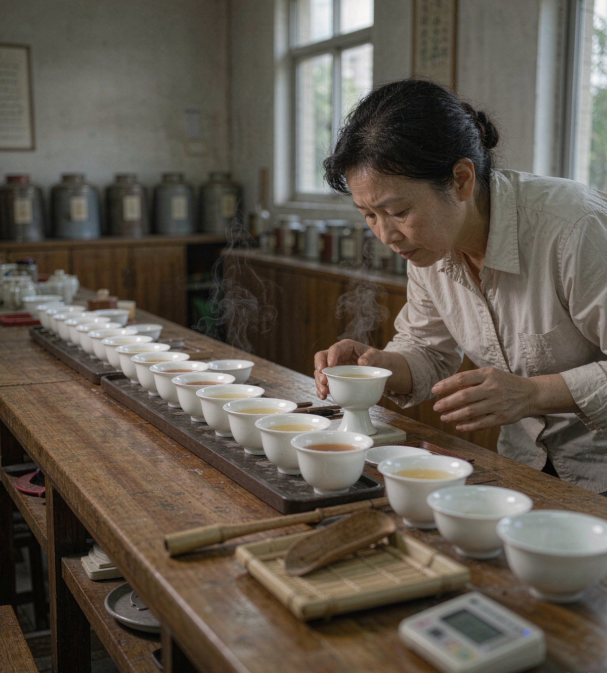 审评室里,每一批茶都要开汤比对,这些标准后来都写进了官网