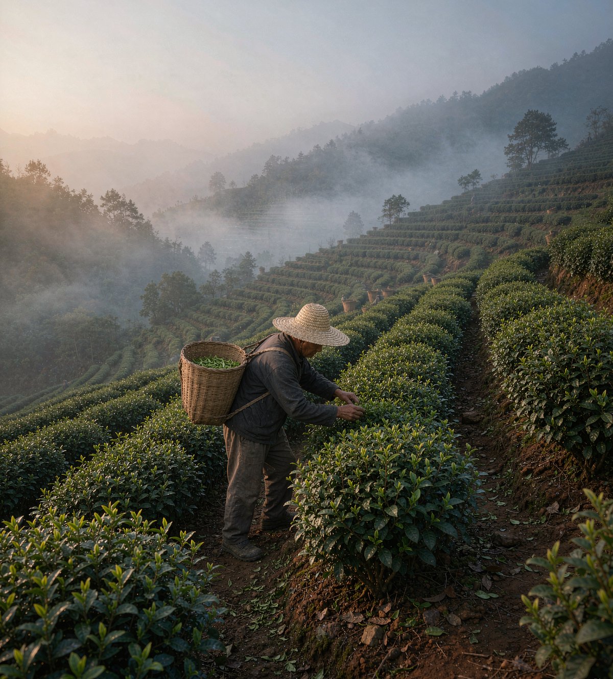 西坪的茶山上,春茶开采前的清晨