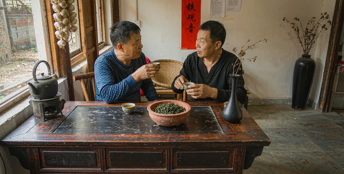 两位老板在茶桌前聊茶叶