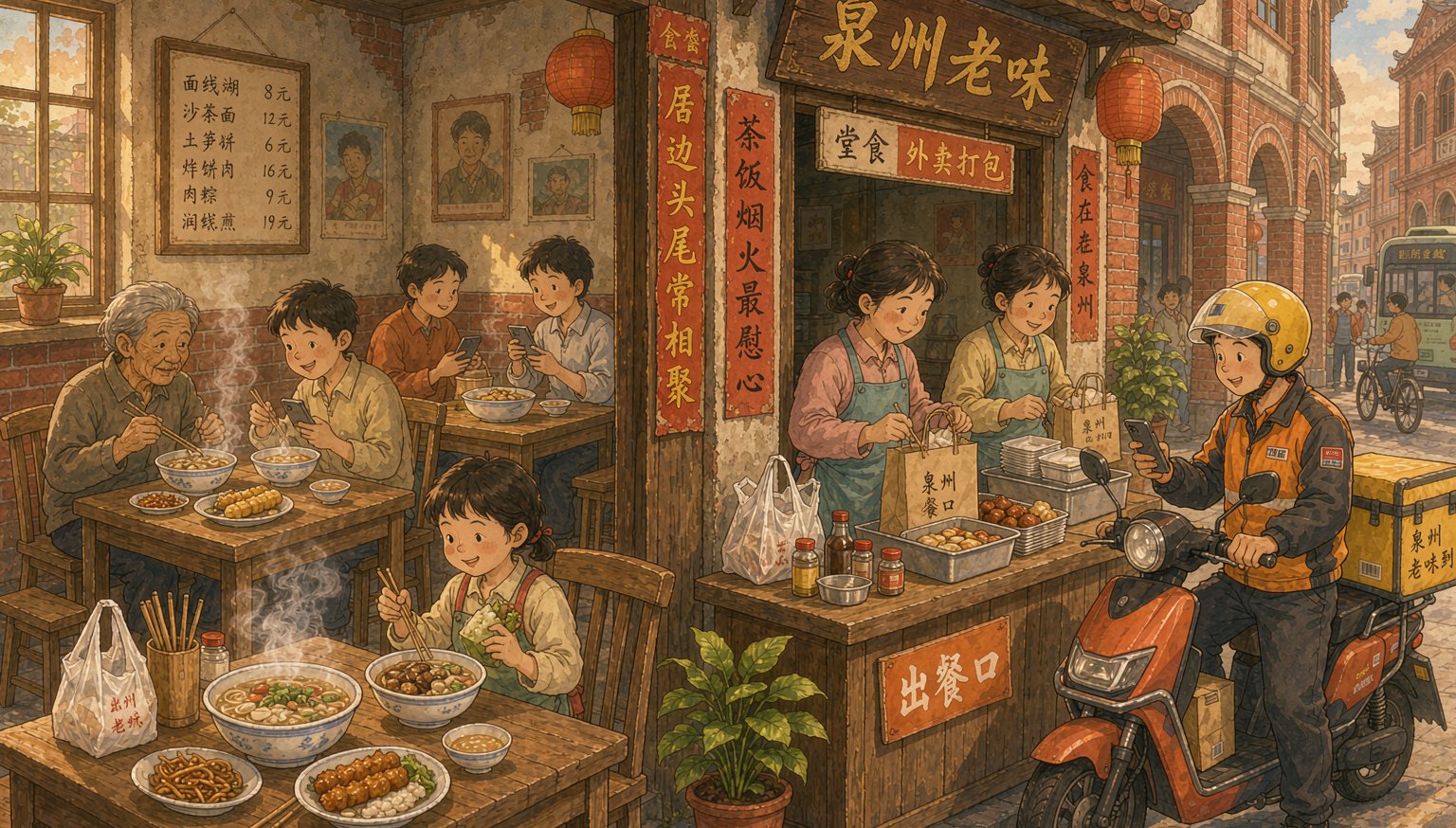 泉州本地餐饮门店的堂食与外卖场景