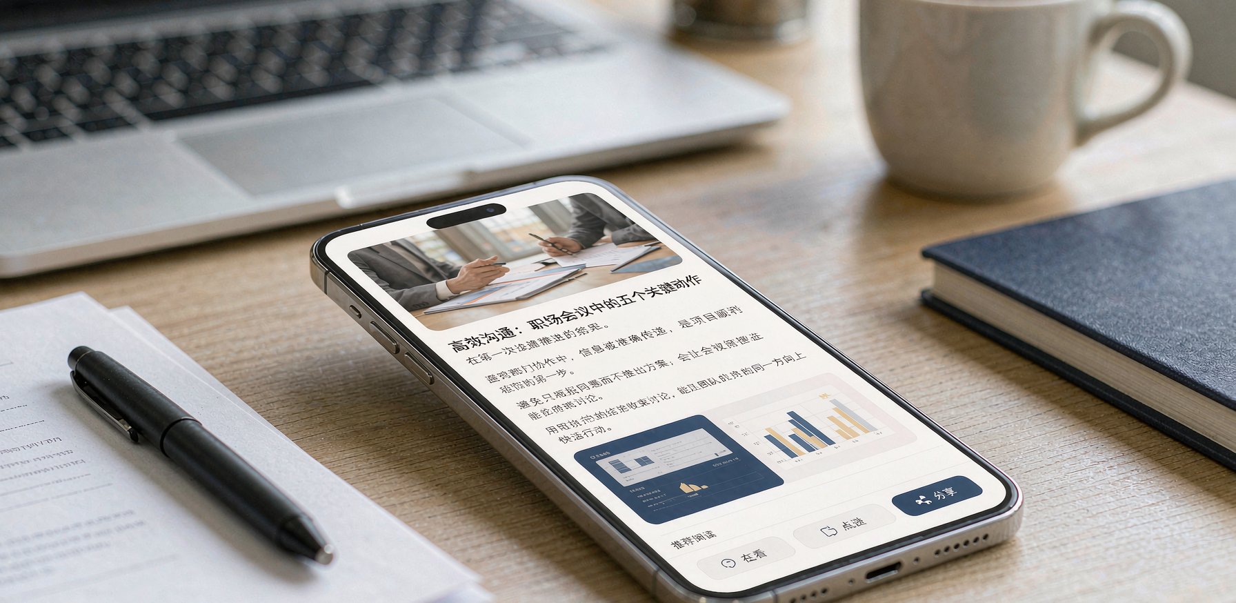 一部手机展示公众号文章，排版整齐、图片自适应、按钮清晰