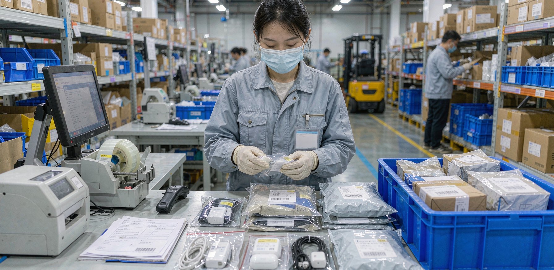 跨境电商仓库里分拣员正按订单打包小商品，货架上标牌清晰