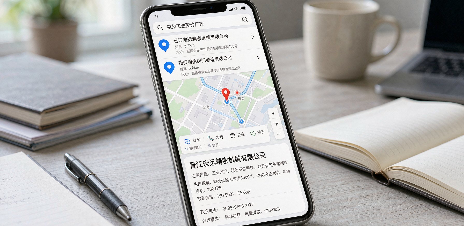 手机地图搜"泉州工业配件"出现的厂家位置与简介卡片