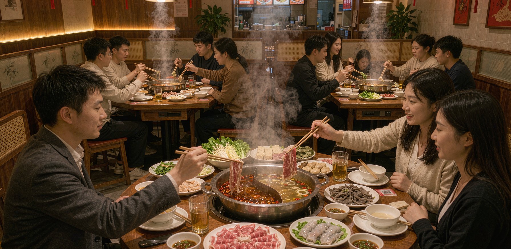 社区火锅店内，几桌客人正涮锅，蒸汽袅袅、灯光温暖